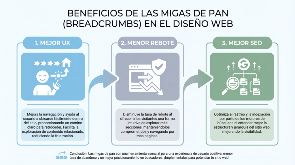 Infografía mostrando cómo los breadcrumbs mejoran UX, reducen rebote y aumentan SEO