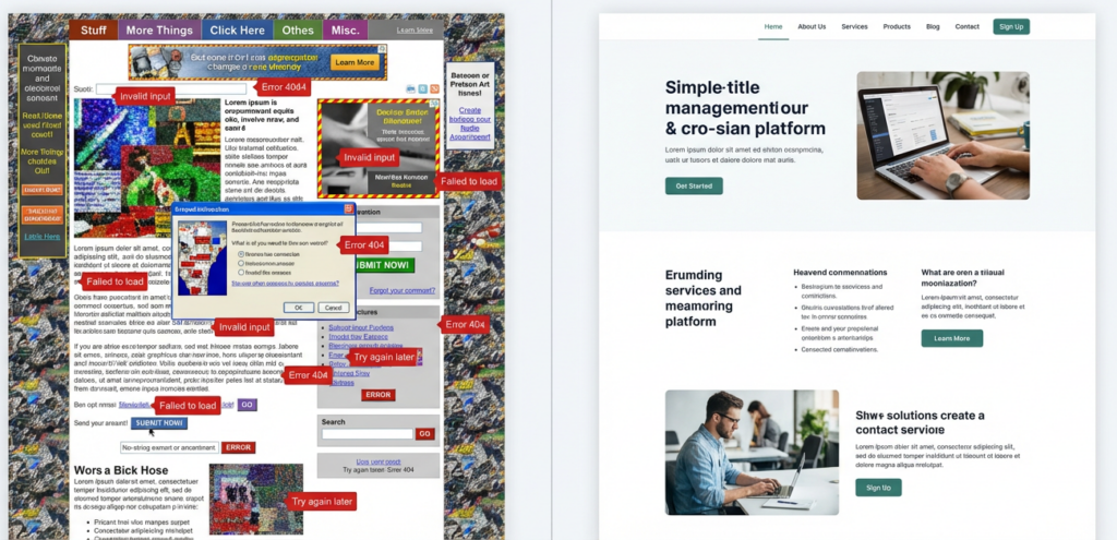 Comparación visual de experiencia de usuario buena y mala en páginas web