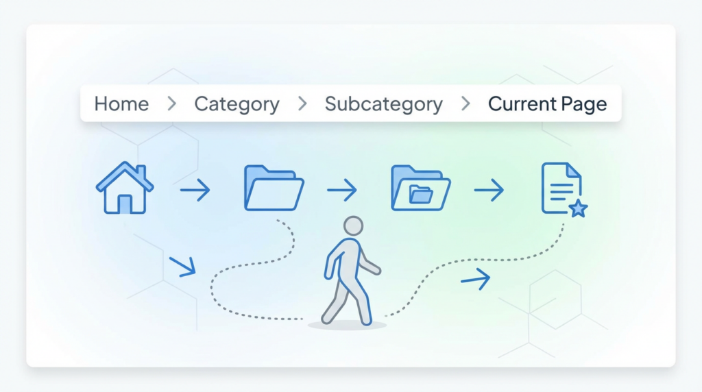 Ilustración conceptual mostrando breadcrumbs como guía para mejorar navegación y experiencia de usuario