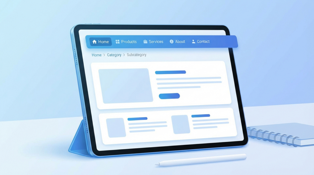 Usuario navegando en un sitio web mostrando menú y rutas de navegación