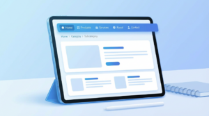 Usuario navegando en un sitio web mostrando menú y rutas de navegación