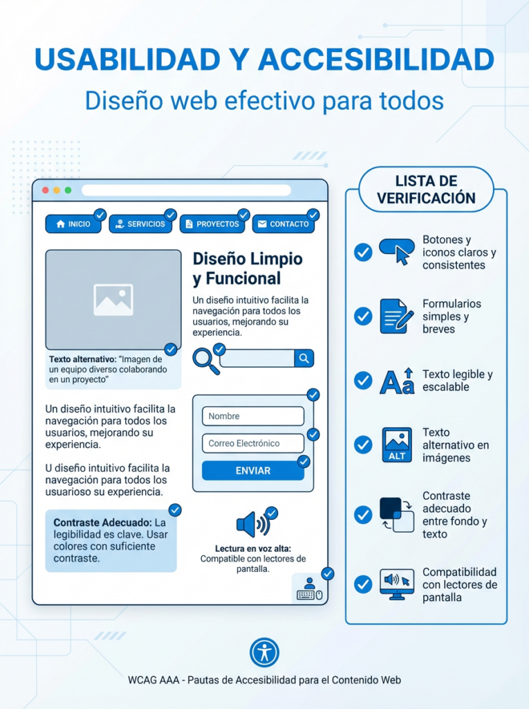 Iconos representando usabilidad y accesibilidad en diseño web, incluyendo botones y texto legible