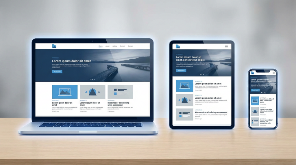 Pantalla de ordenador, tablet y móvil mostrando un sitio web moderno y atractivo